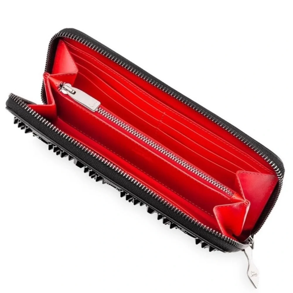 Like New Used Twice Christian Louboutin Black Studded Zip Wallet with Red Accent
